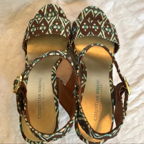 Brown teal fabric faux cork wedge heel sandals - Picture 3 of 8